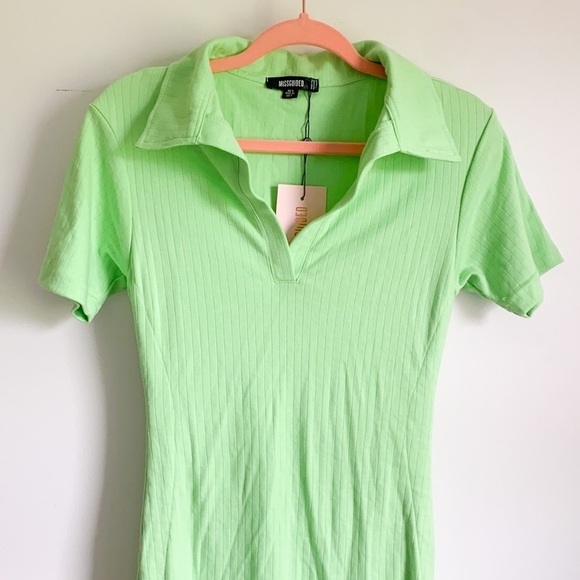 Missguided Rib V Neck Collar Detail Mini Dress Neon Green 2 - Picture 3 of 7